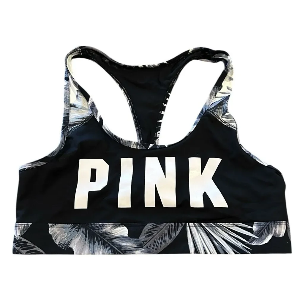 Like New PINK Victoria's Secret Black and White Leaf Print Sports Bra